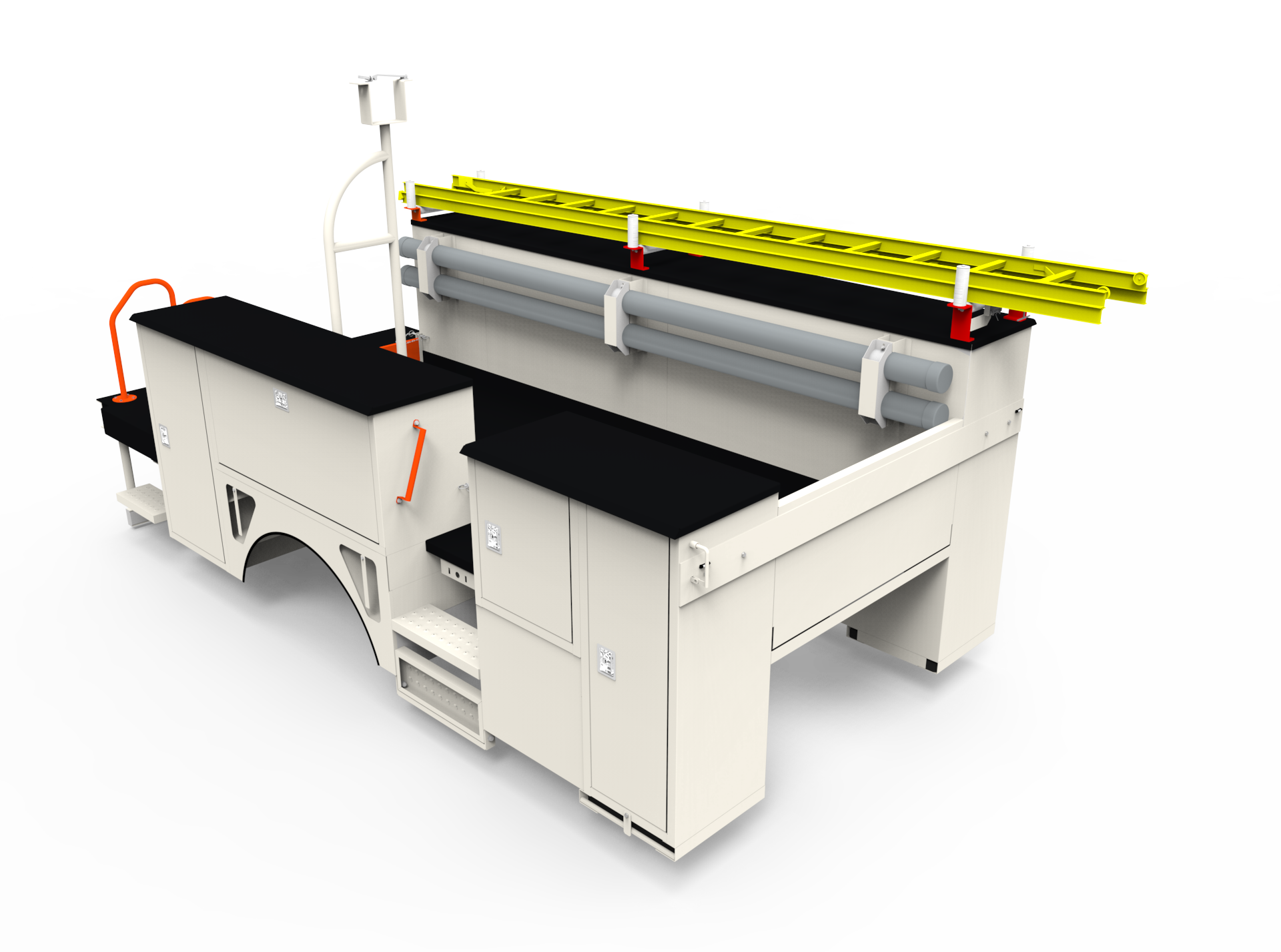 Carrocería utilitaria con porta-escalera y compartimentos de almacenamiento
